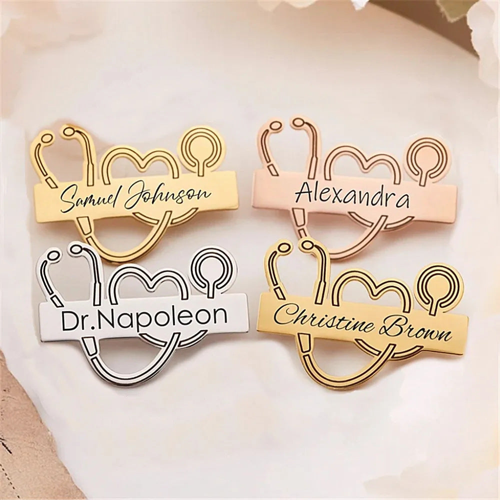 Smooth Engraved Name Stethoscope Brooch